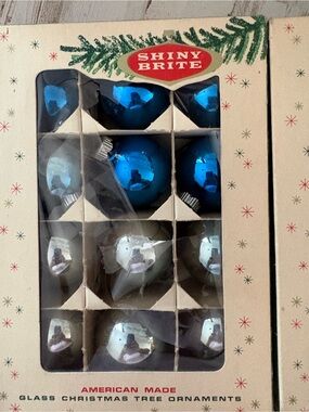 Shiny Brite Blue and Silver Glass Christmas Ornaments - American Made